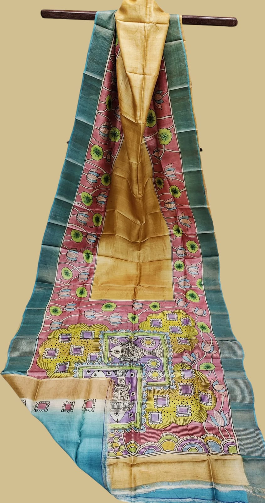 Hand-Painted Kalamkari Saree on Pure Gachi by Gachi Tussar Silk – Lotus & Fish Motif Design