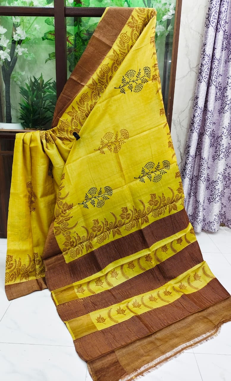 Hand Block Print Saree on Pure Gachi Tussar Silk – Yellow with Brown Floral & Traditional Borders