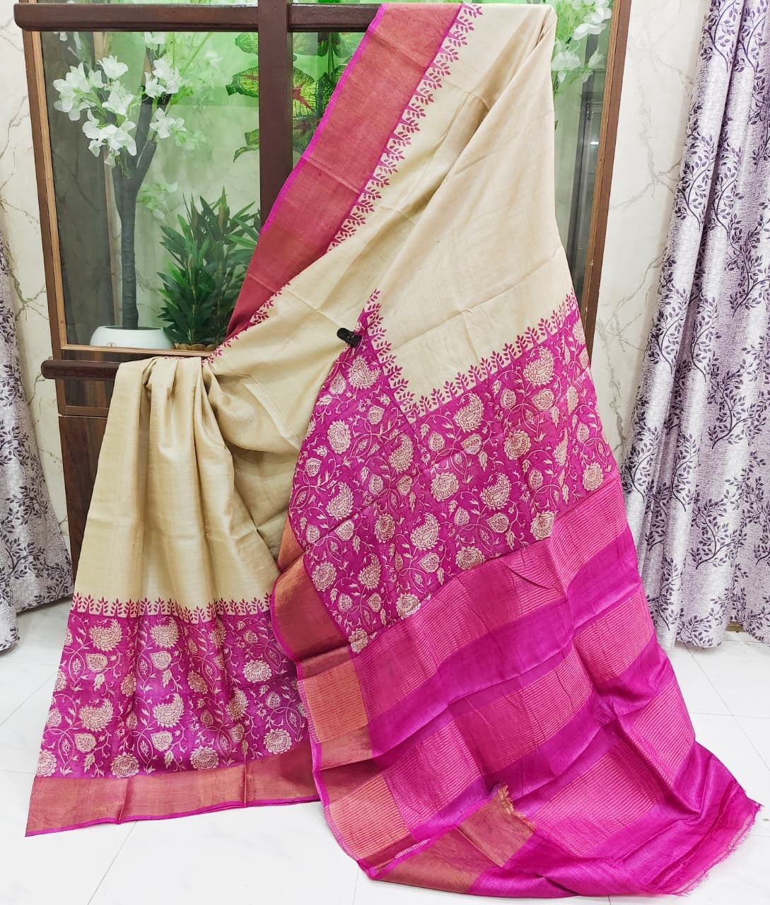 Hand Block Print Saree on Pure Gachi Tussar Silk – Beige with Magenta Floral Border & Pallu