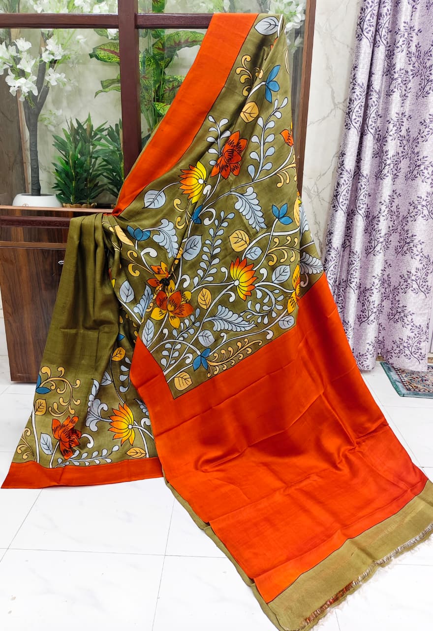 Olive Green & Rust Orange Silk Saree with Hand-Painted Kalamkari Floral Art