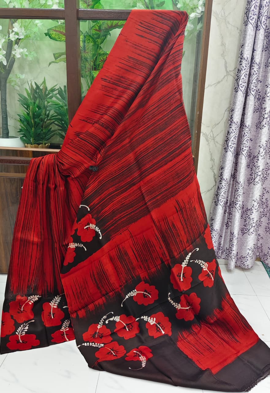 Elegant Black & Red Silk Batik Saree with Handcrafted Floral Motifs