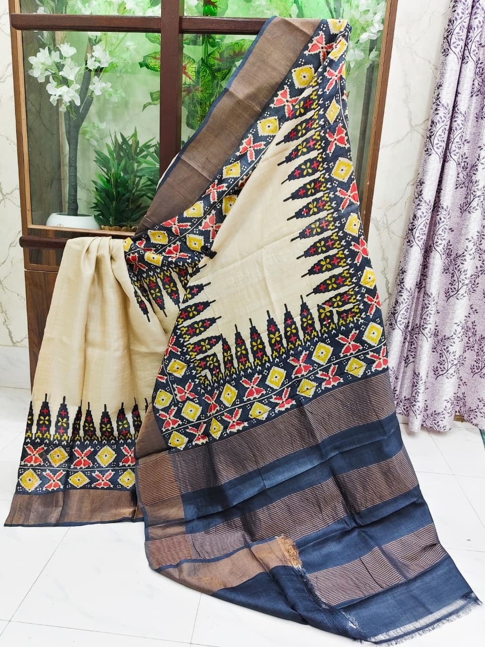 Hand Block Print Saree on Pure Gachi Tussar Silk – Beige with Multicolor Tribal Motifs & Navy Borders