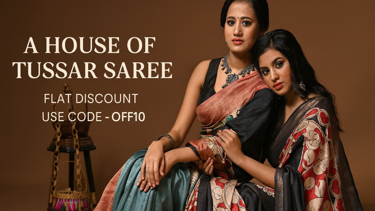Two women in Tussar sarees with promotional text on a brown background