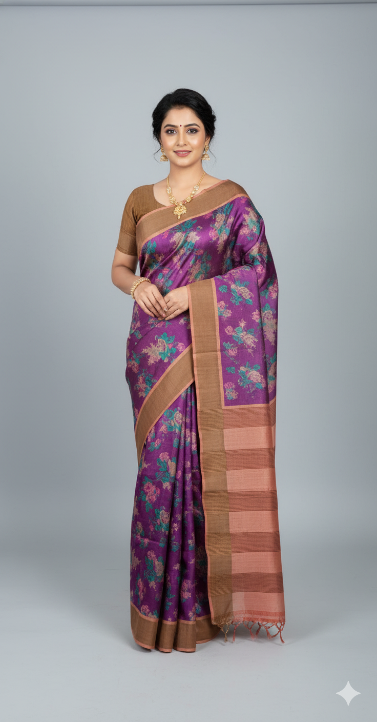 Graceful Bloom – Elegant Block Print Tussar Silk Saree