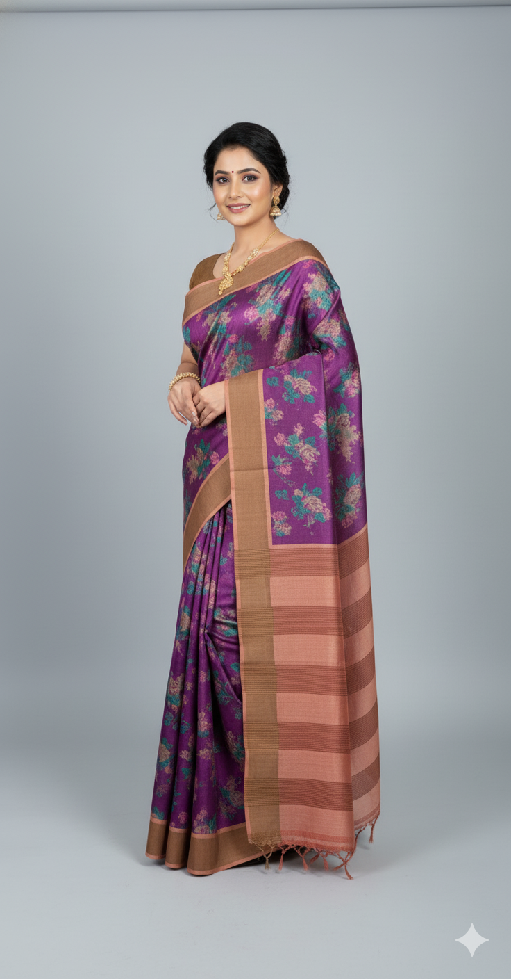 Graceful Bloom – Elegant Block Print Tussar Silk Saree