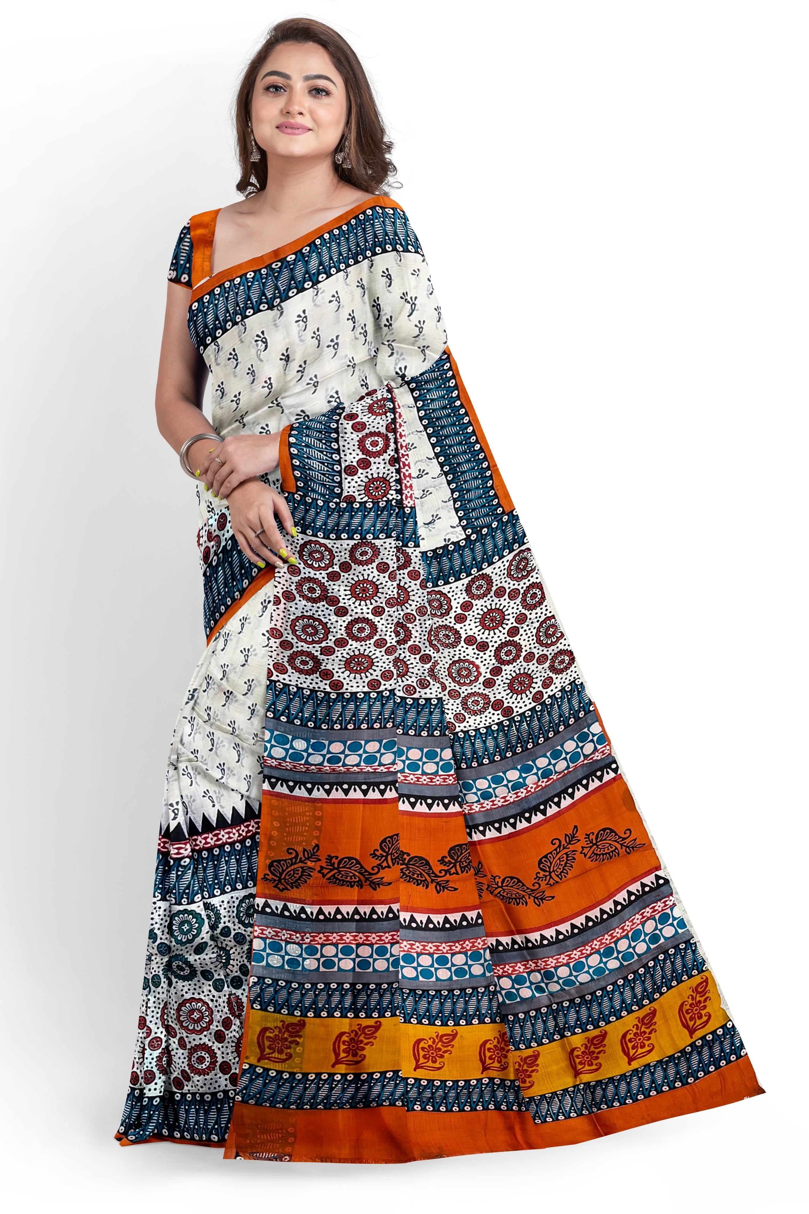 Traditional Kalamkari Hand Block Printed Pure Silk Saree – Multicolor Patchwork Design with Rich Contrast Border