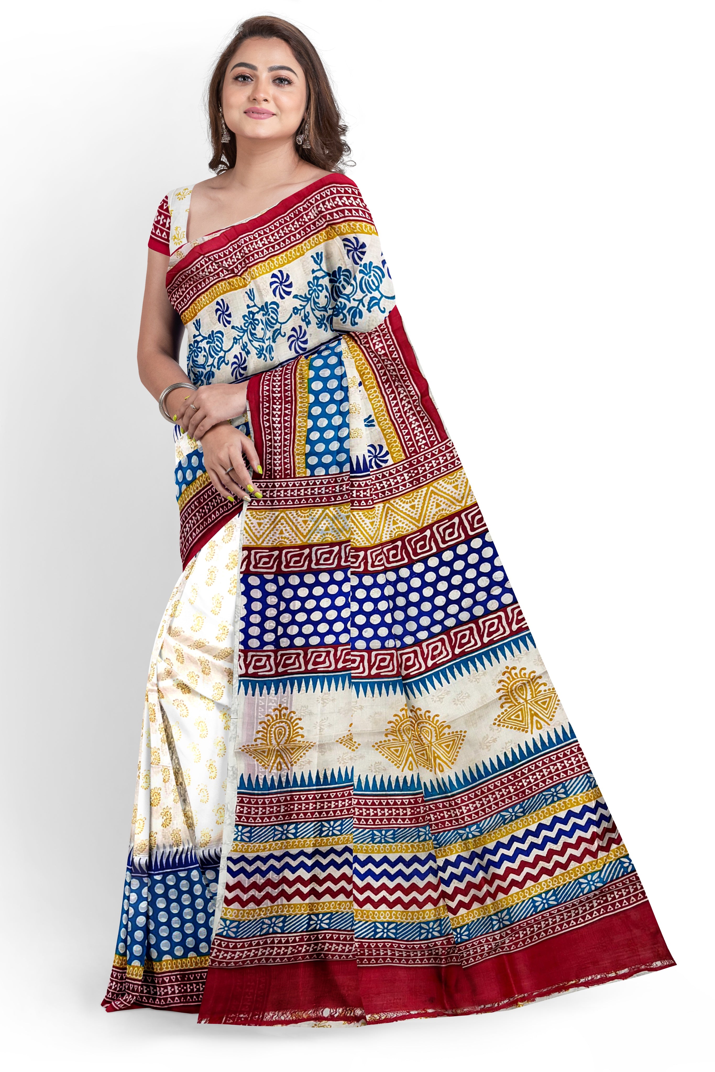 Hand Block Printed Pure Silk Saree – Multicolor Traditional Motif Design with Maroon Border