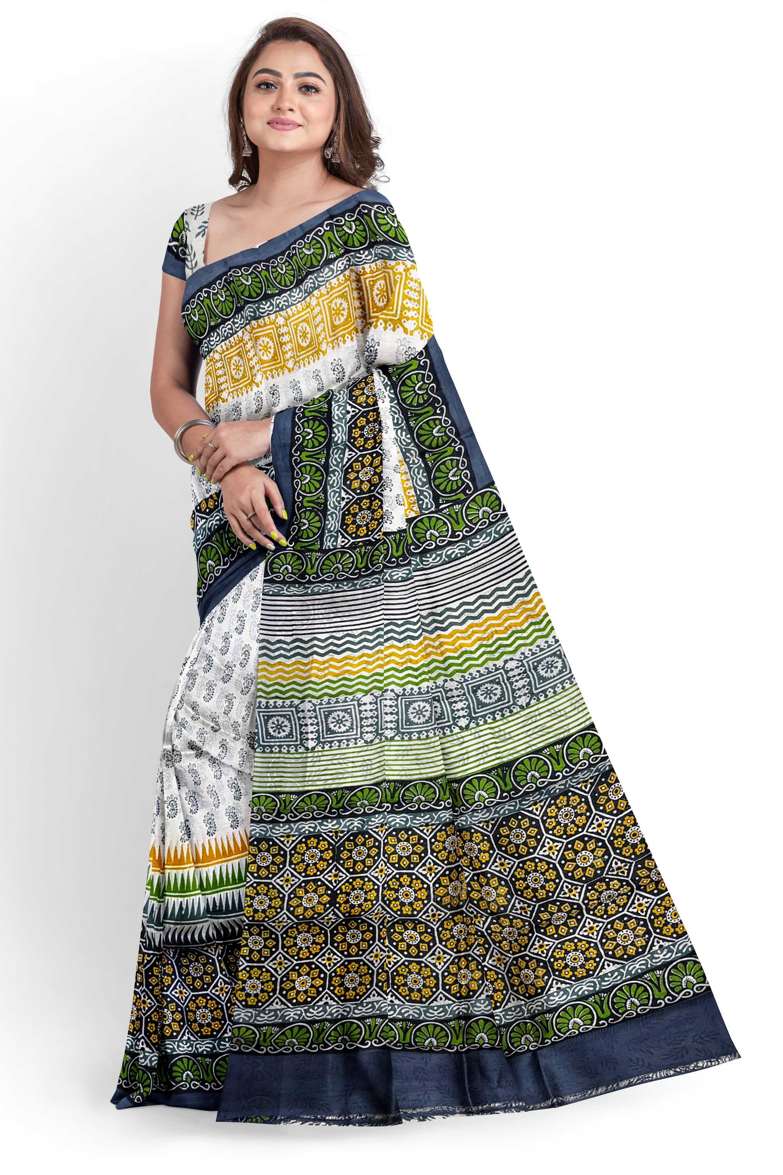 Elegant Kalamkari Hand Block Printed Pure Silk Saree – Navy Blue, Mustard & Green Traditional Motif Design