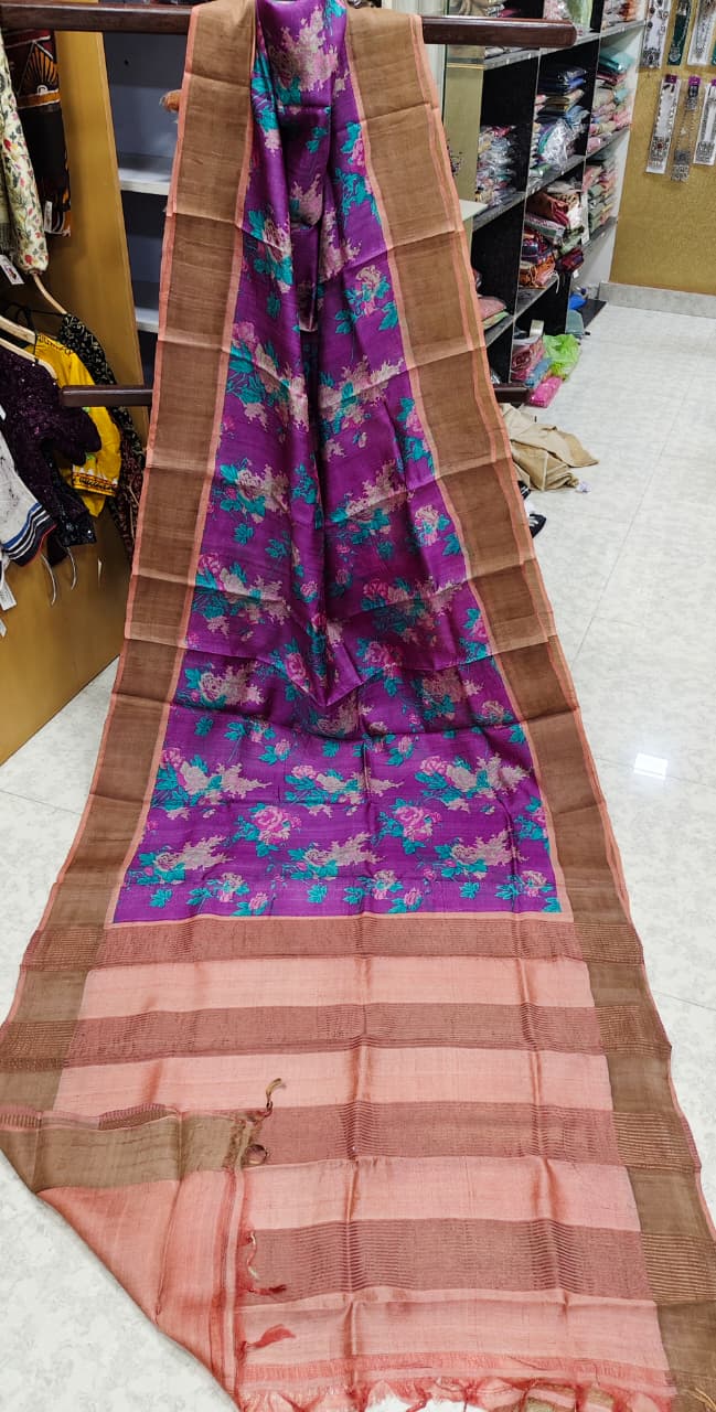 Graceful Bloom – Elegant Block Print Tussar Silk Saree