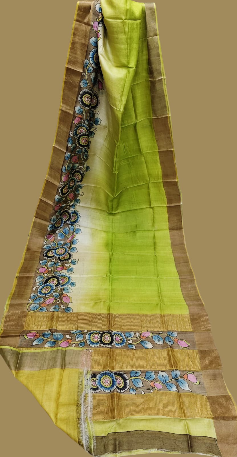Hand-Painted Kalamkari Saree on Pure Gachi by Gachi Tussar Silk – Lime Green with Floral Motifs