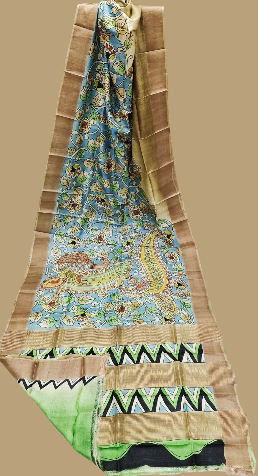 Hand-Painted Kalamkari Saree on Pure Gachi by Gachi Tussar Silk – Blue Floral & Peacock Motif