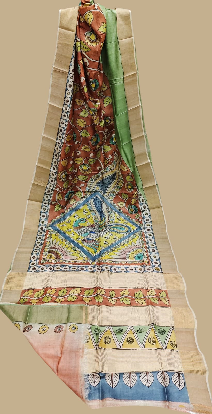 Hand Painted Kalamkari saree on Gachi Tussar