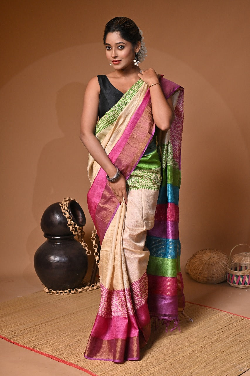 Elegant Block Print Saree on Pure Gachi Tussar Silk