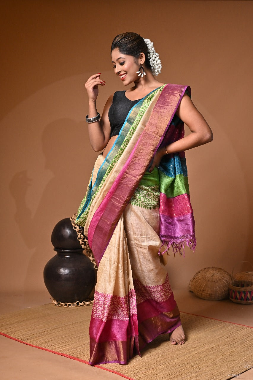Elegant Block Print Saree on Pure Gachi Tussar Silk
