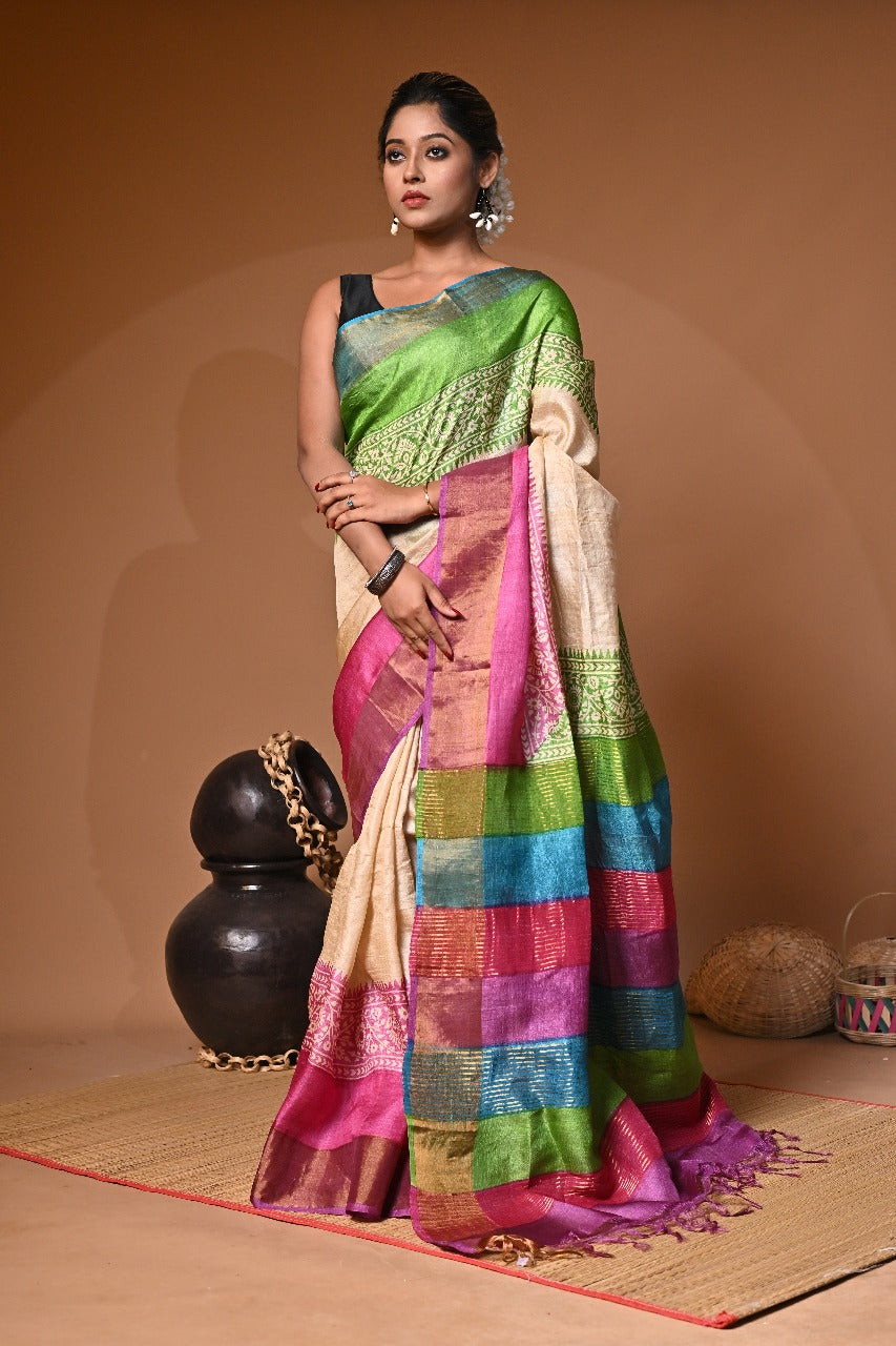 Elegant Block Print Saree on Pure Gachi Tussar Silk