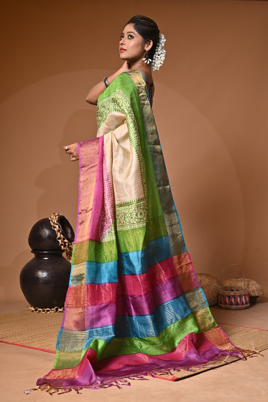 Elegant Block Print Saree on Pure Gachi Tussar Silk