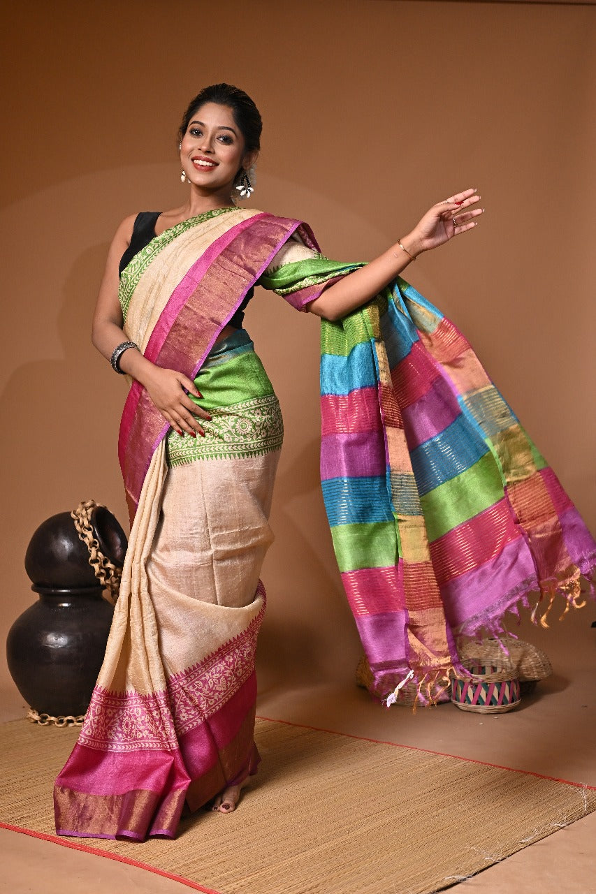 Elegant Block Print Saree on Pure Gachi Tussar Silk