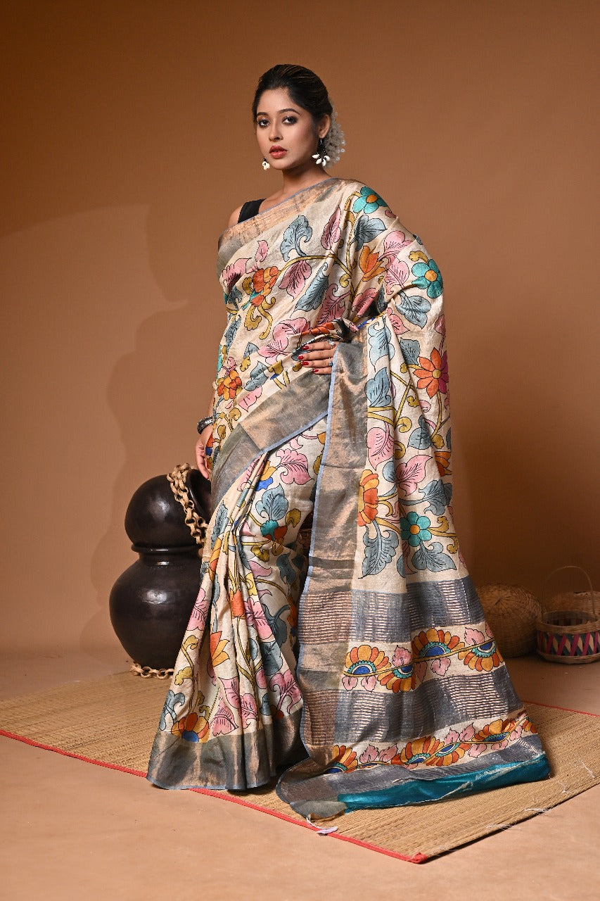 Elegant Hand Painted Kalamkari saree on Gachi Tussar-01