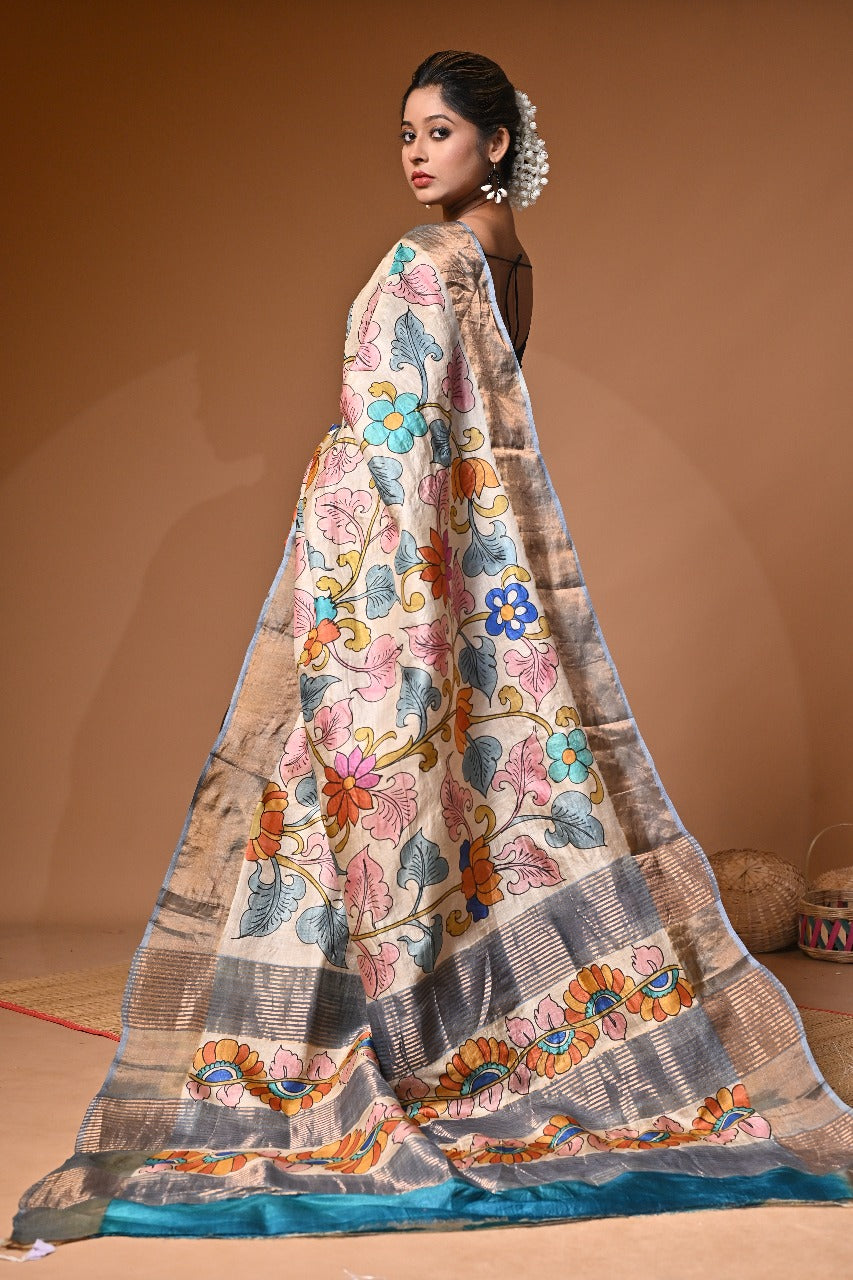 Elegant Hand Painted Kalamkari saree on Gachi Tussar-01