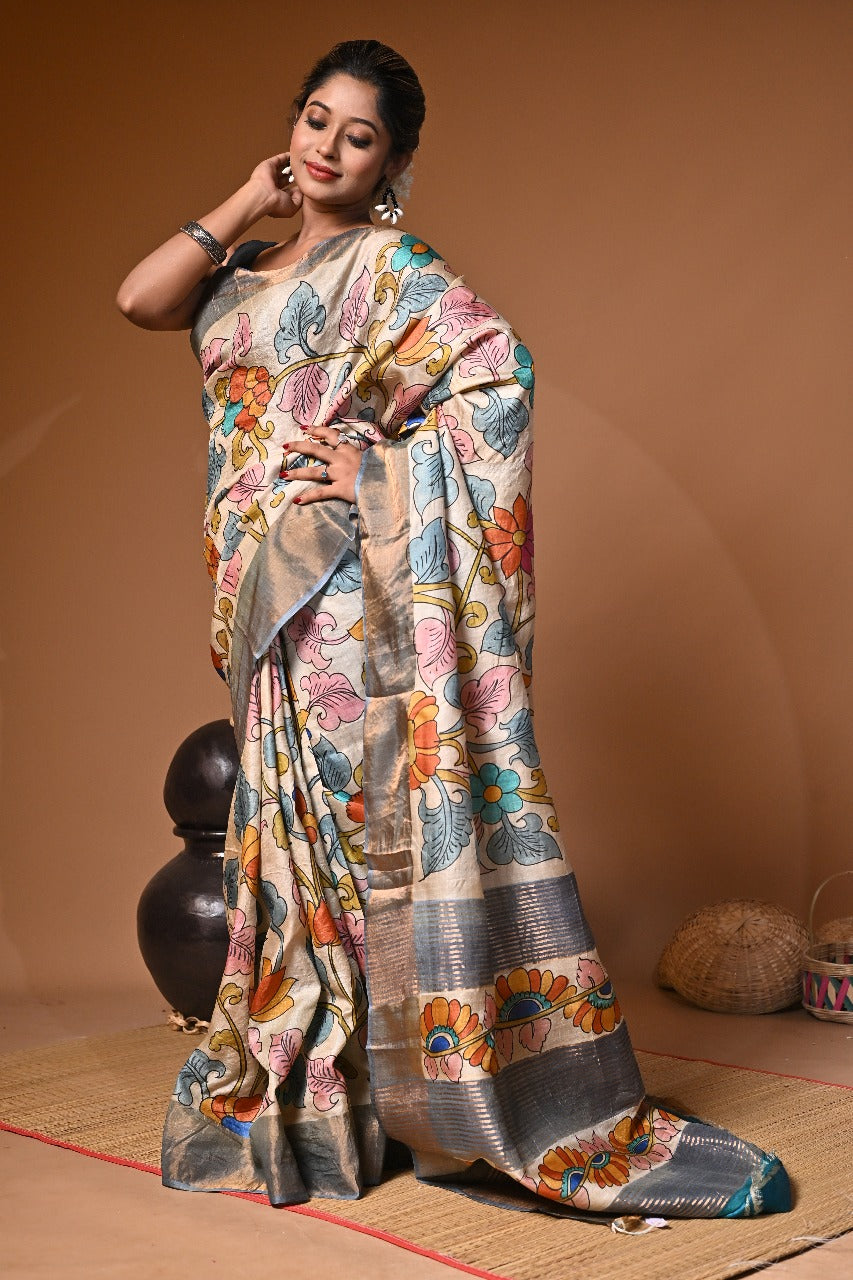 Elegant Hand Painted Kalamkari saree on Gachi Tussar-01