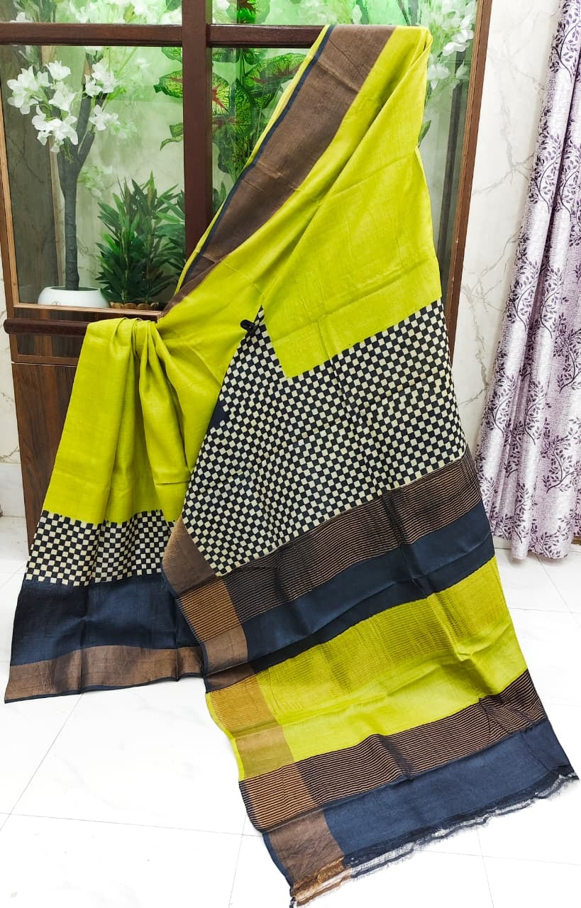 Hand Block Print Saree on Pure Gachi Tussar Silk – Lime Green with Black & White Checks and Contrast Borders