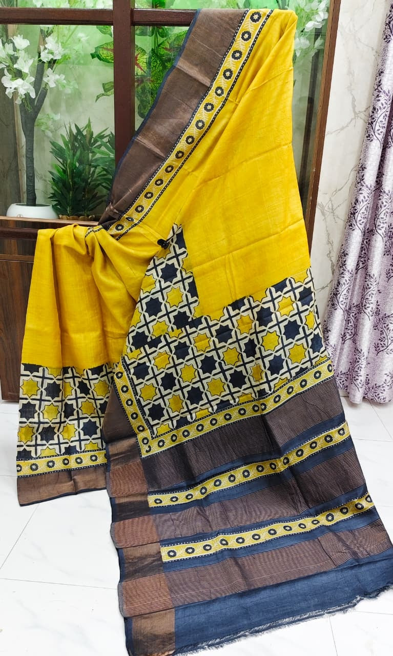 Hand Block Print Saree on Pure Gachi Tussar Silk – Mustard Yellow with Geometric Patterns