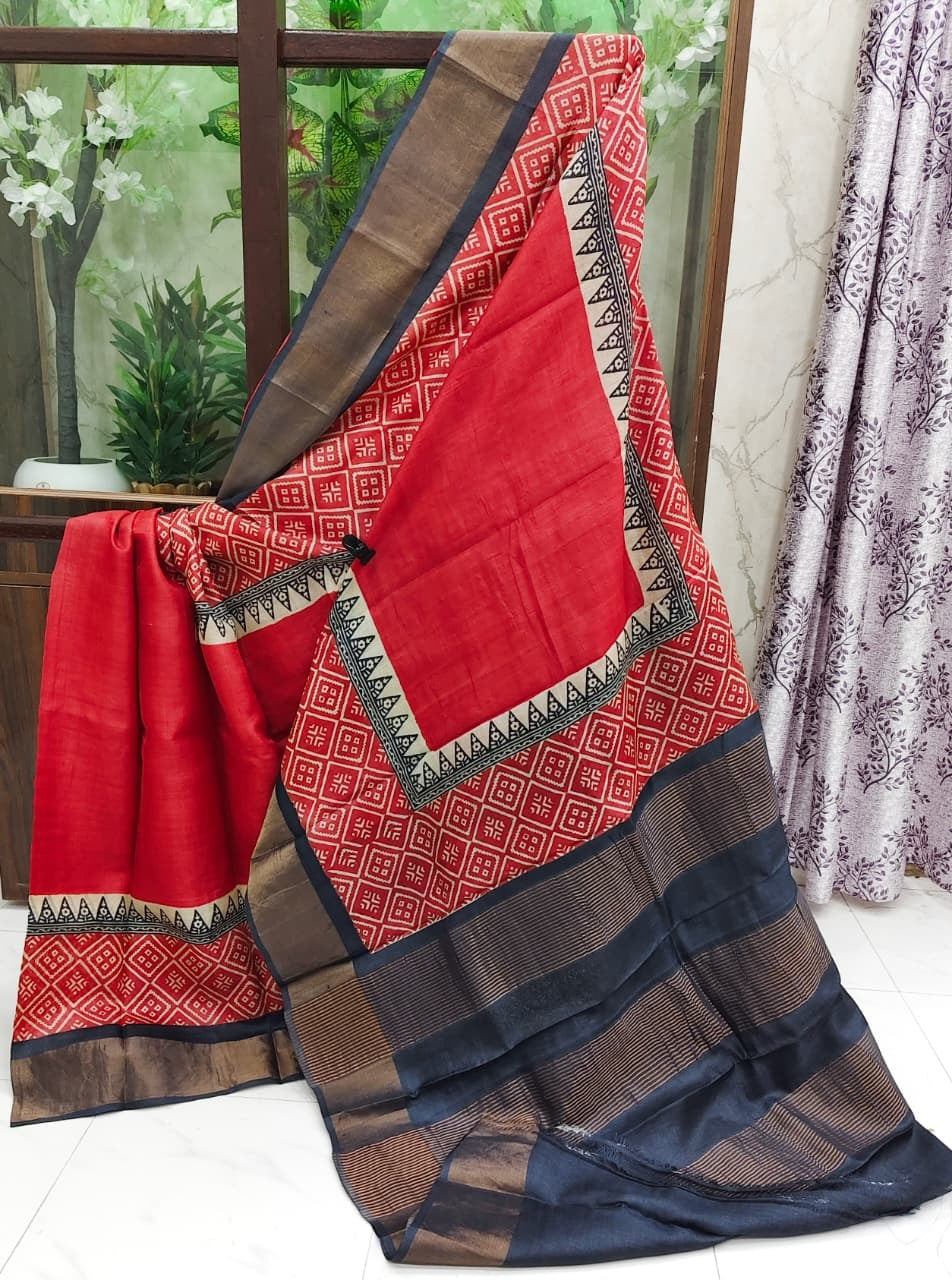Hand Block Print Saree on Pure Gachi Tussar Silk – Red with Black & Brown Borders
