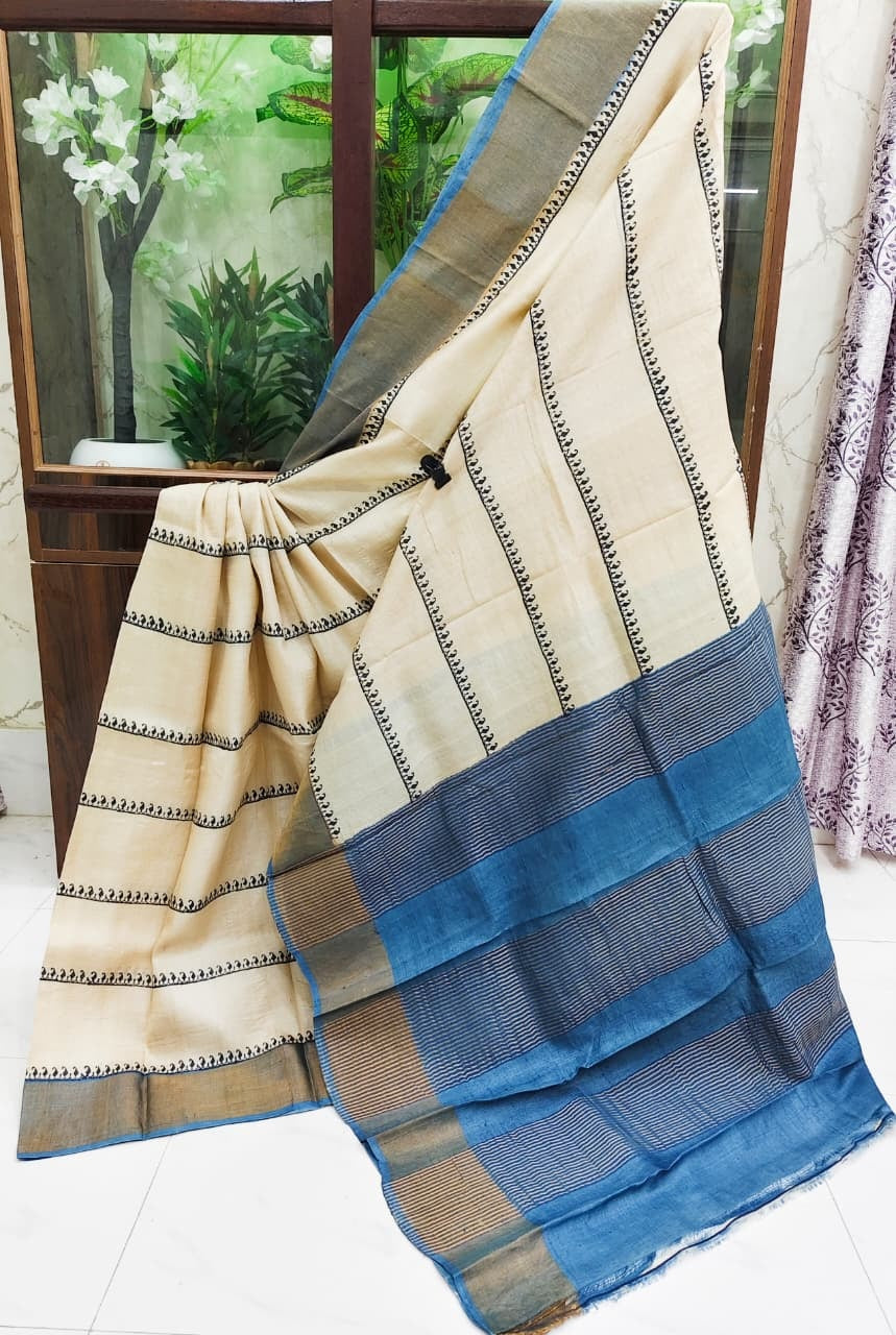 Hand Block Print Saree on Pure Gachi Tussar Silk – Beige with Blue Striped Border