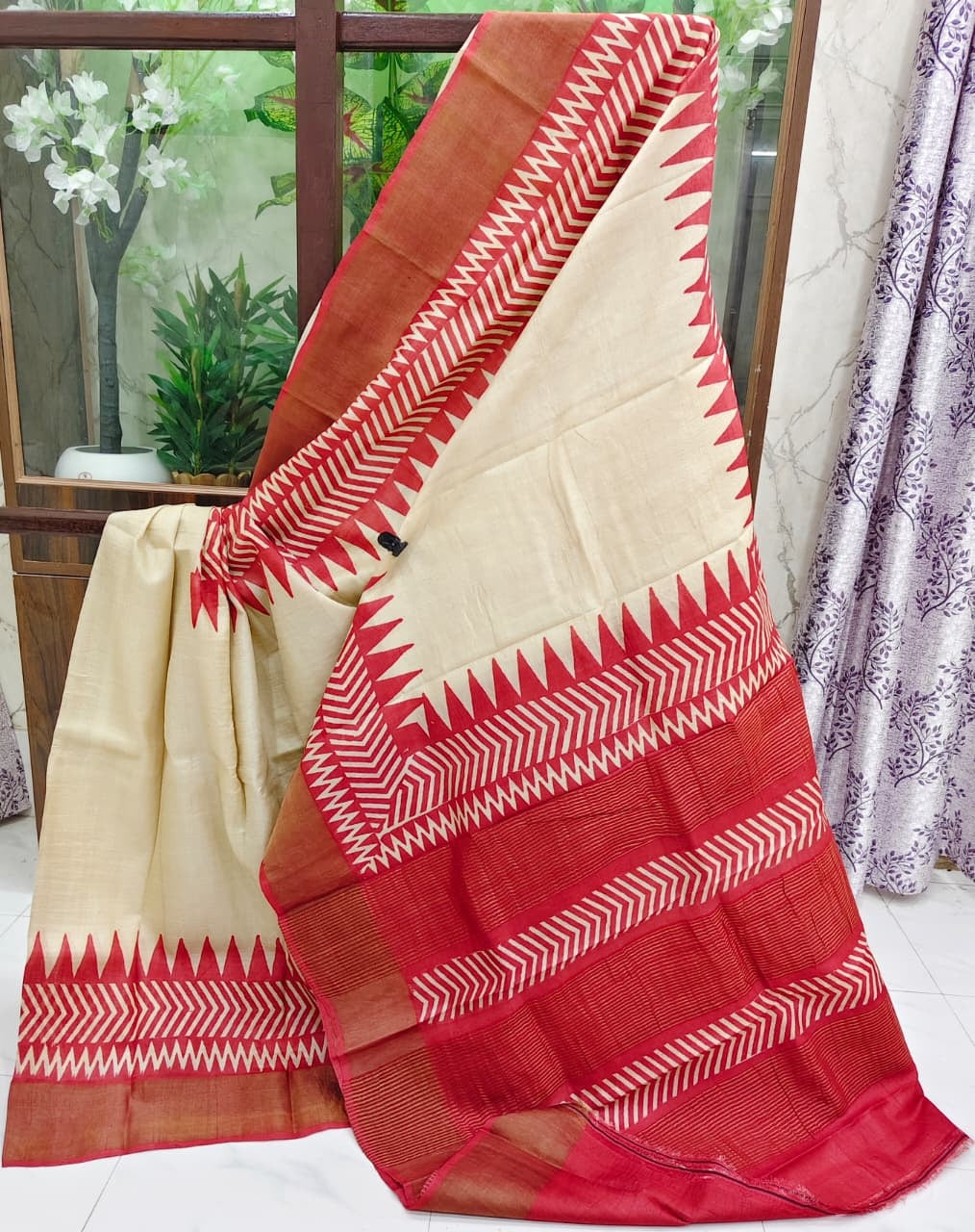 Hand Block Print Saree on Pure Gachi Tussar Silk – Beige with Red Chevron & Geometric Patterns
