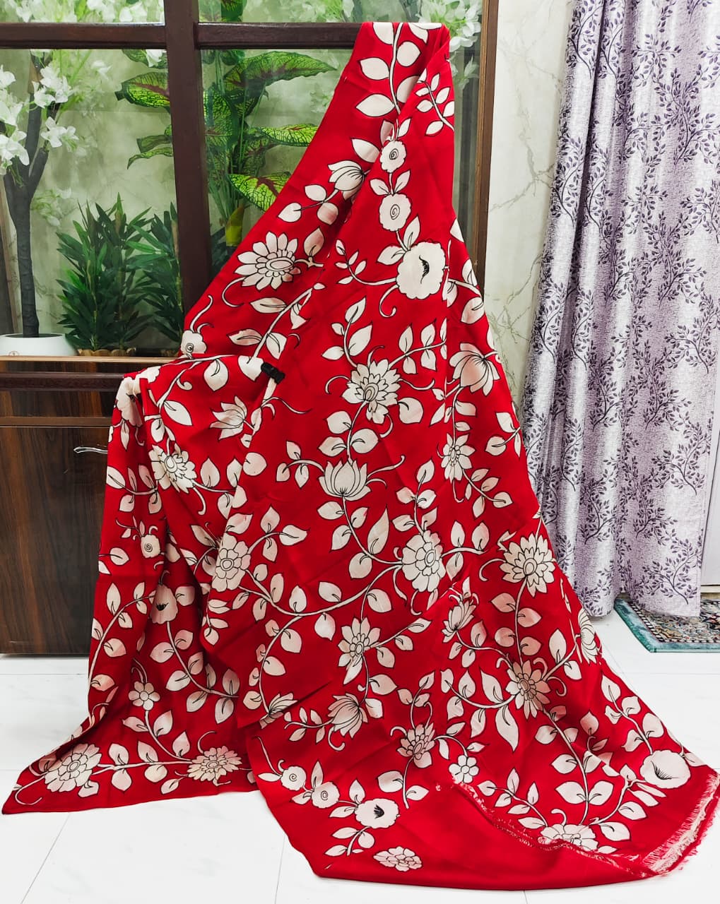 Red Silk Saree with Hand-Painted Kalamkari Floral Motifs