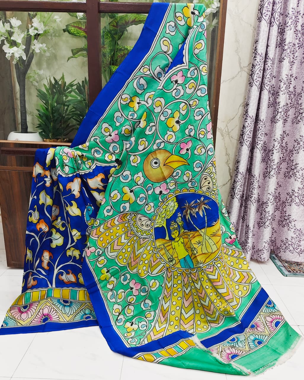 Royal Blue & Green Silk Saree with Hand-Painted Kalamkari Mythical Art