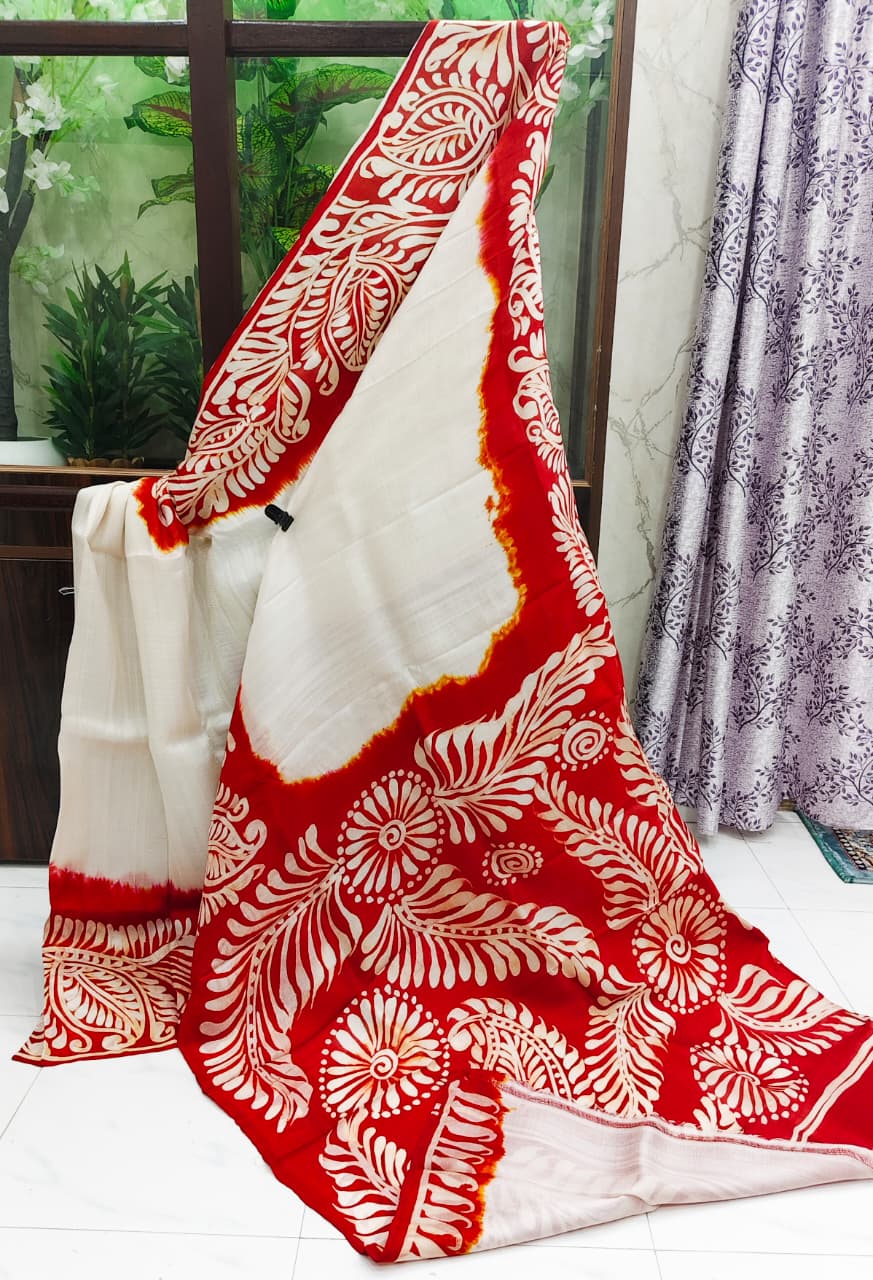 Red & White Pure Silk Handcrafted Batik Saree