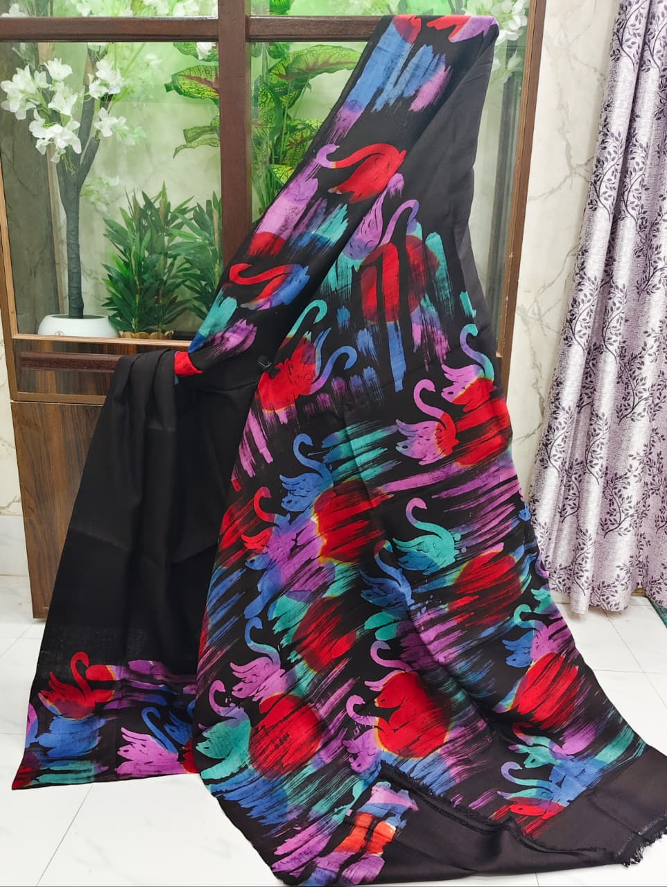 Silk Batik Saree with Multicolor Abstract Motifs