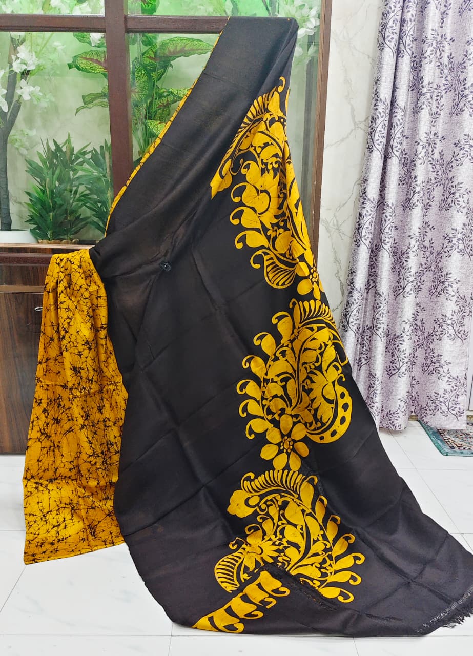 Silk Batik Saree with Regal Floral Motifs with Black & Mustard