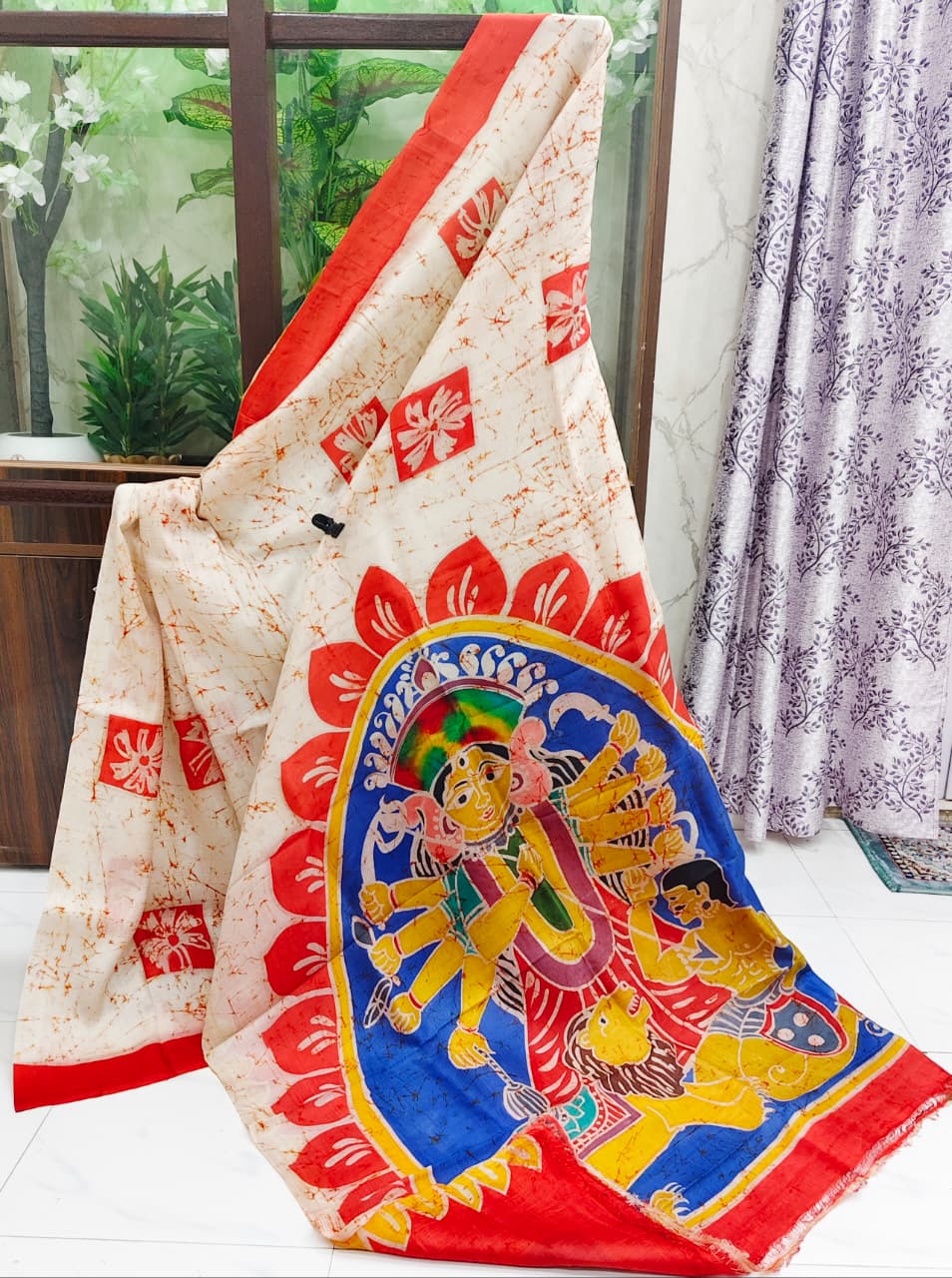 Divine Durga Motif Silk Batik Saree