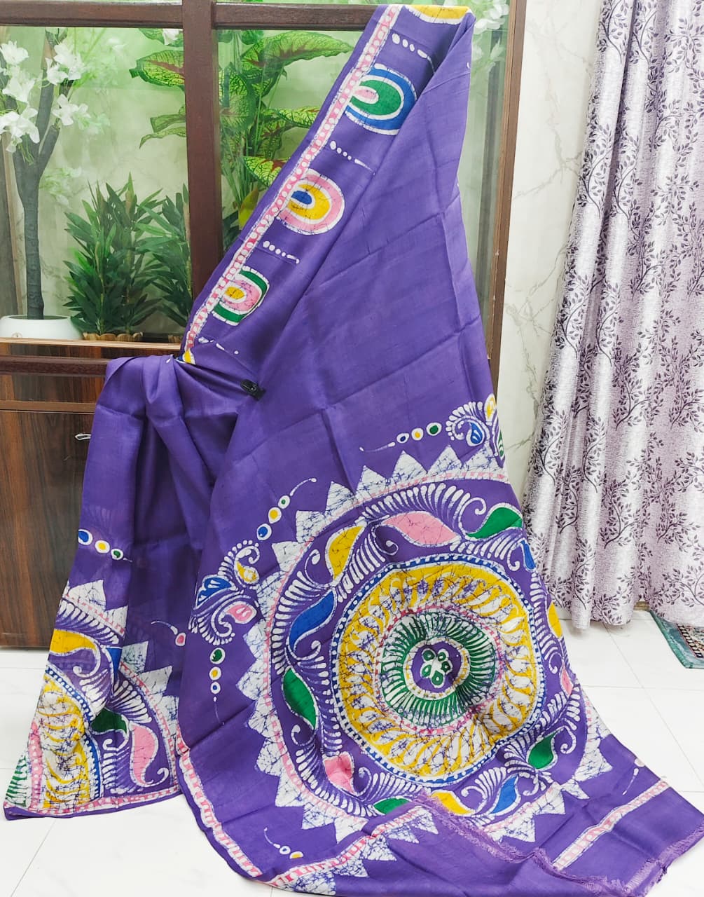 Handcrafted Purple Silk Batik Saree with Multicolor Mandala Motif