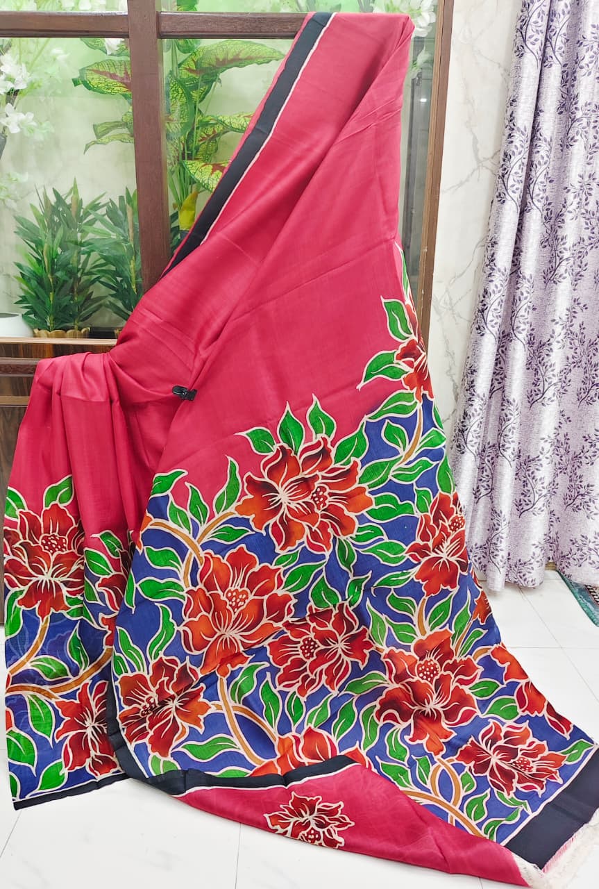 Crimson Red Silk Batik Saree with Floral Garden Design