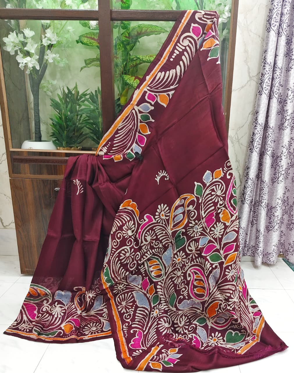Maroon Silk Batik Saree with Multicolor Floral & Paisley Design