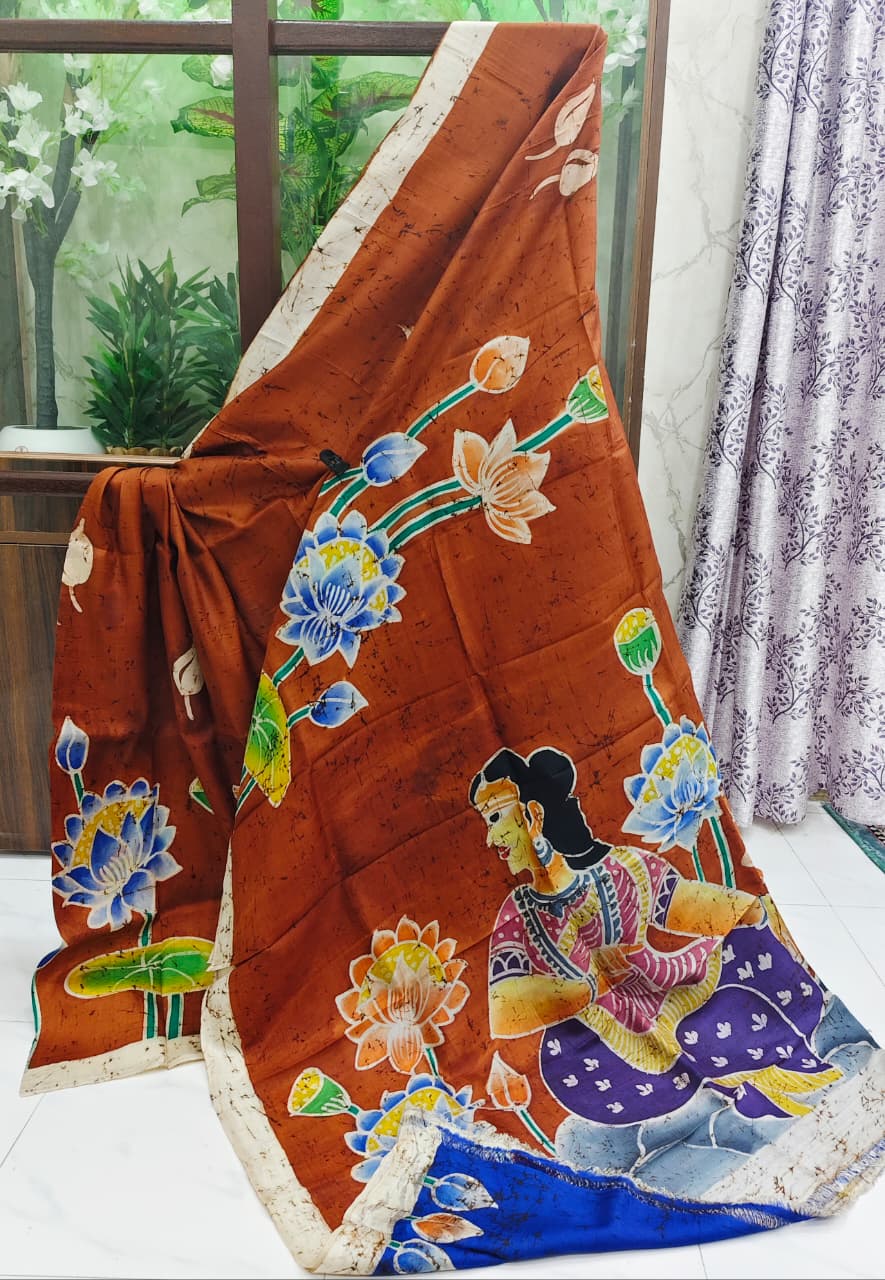 Silk Batik Saree in Rust Brown with Lotus & Lady Motif