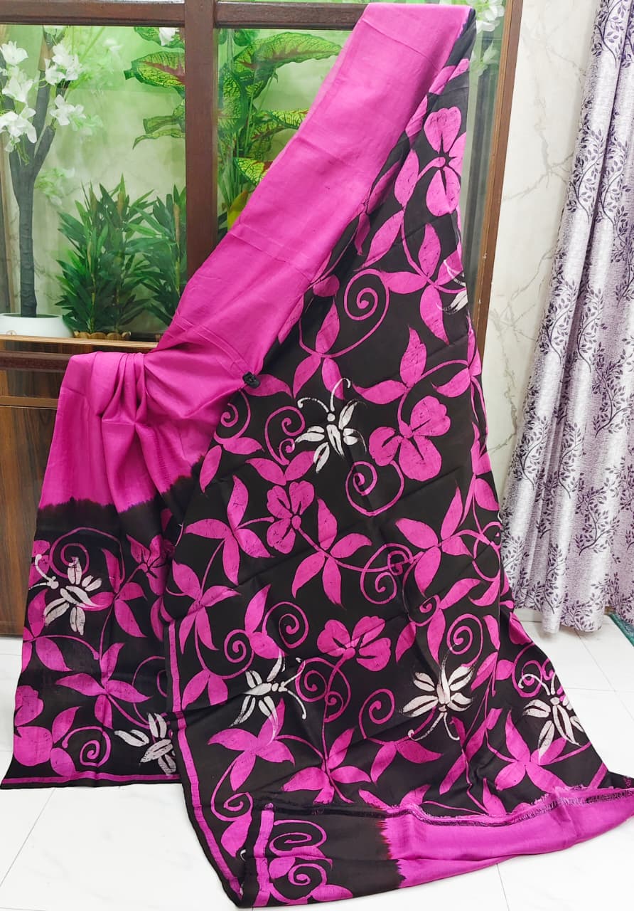 Magenta-Black Hand Batik Silk Saree with Floral Motifs