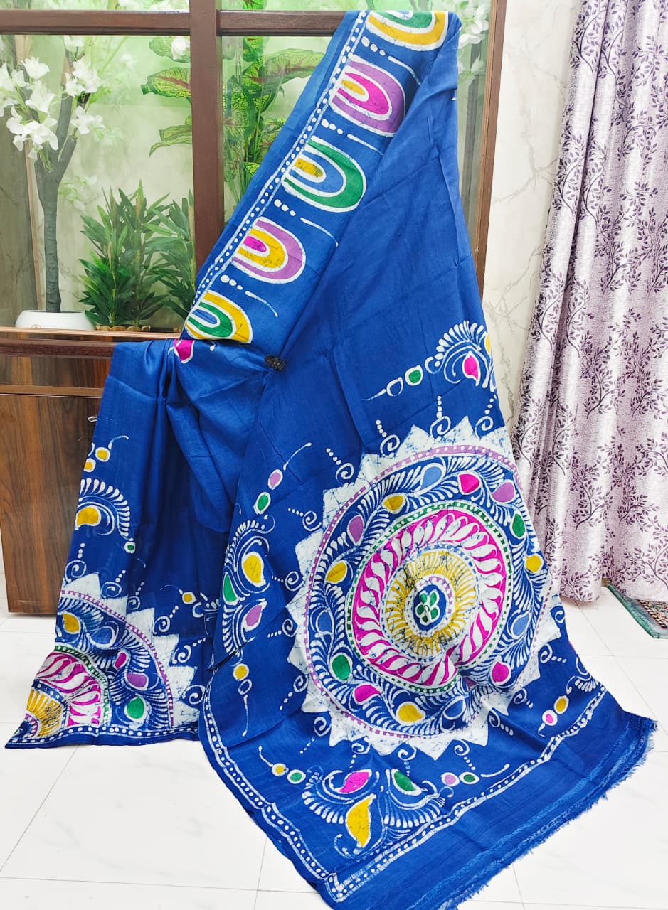 Royal Blue Silk Batik Saree with Vibrant Mandala Motif