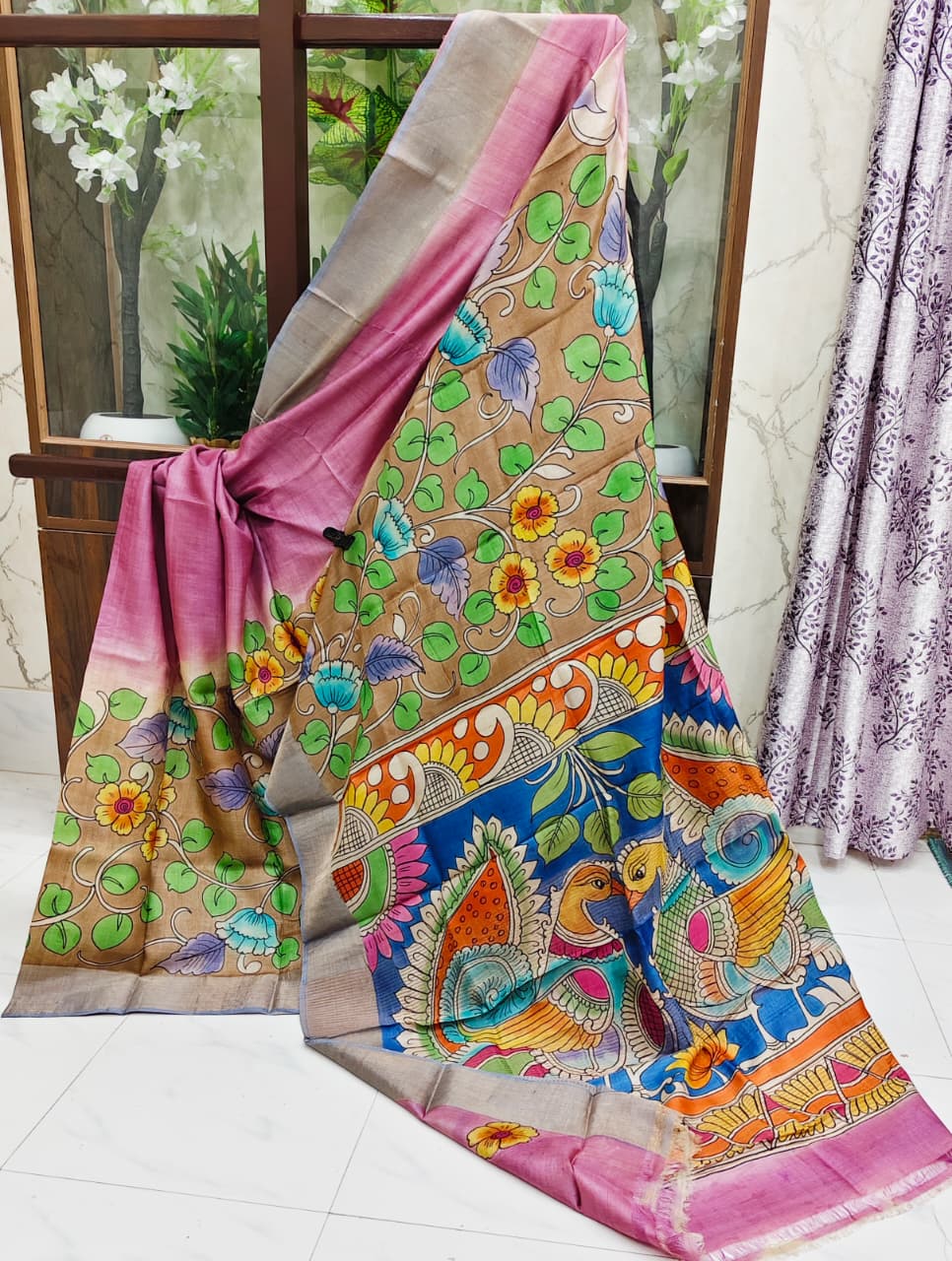 Hand-Painted Kalamkari Tussar Silk Saree with Peacock & Floral Motifs