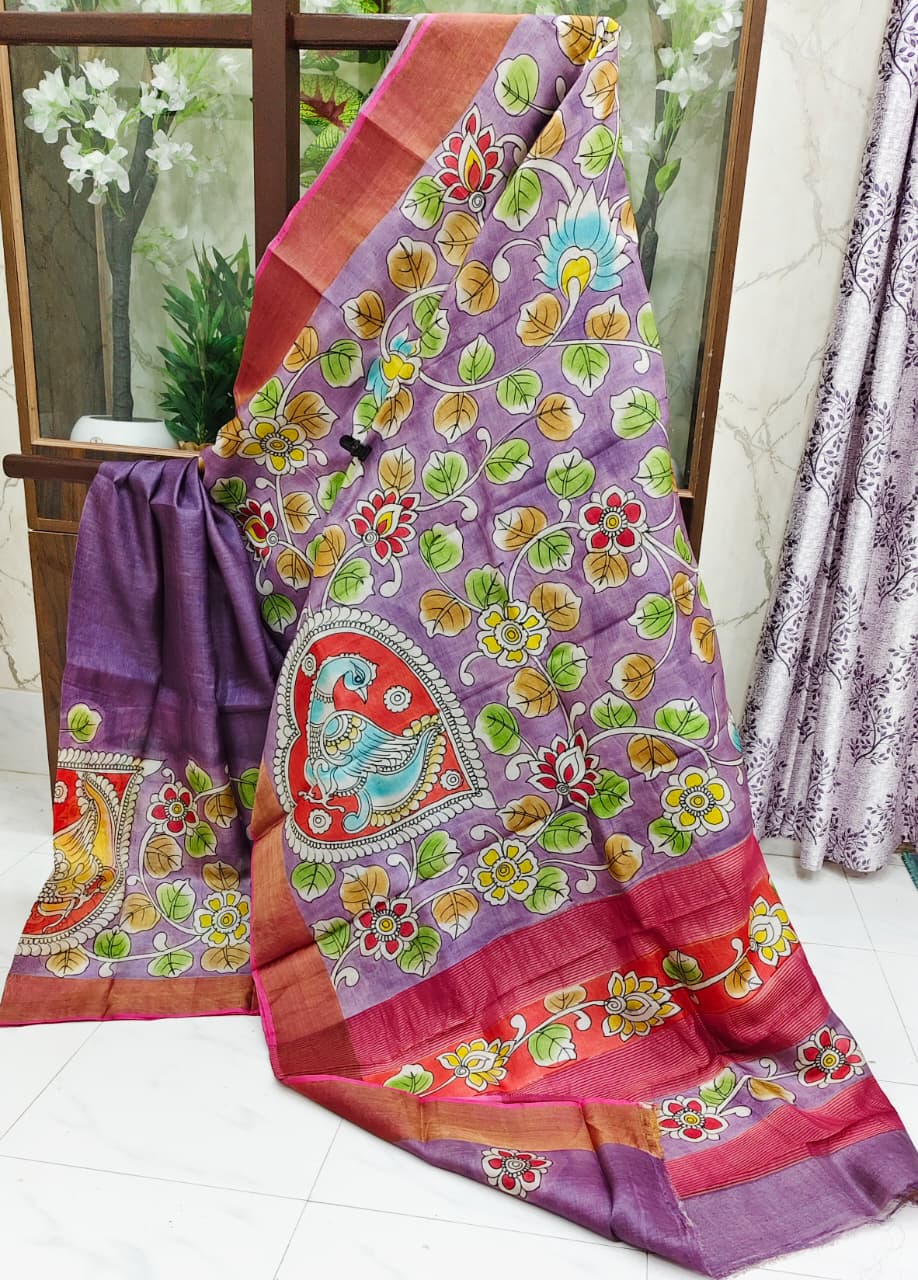 Tussar Silk Hand-Painted Kalamkari Saree in Lavender with Peacock & Floral Motifs