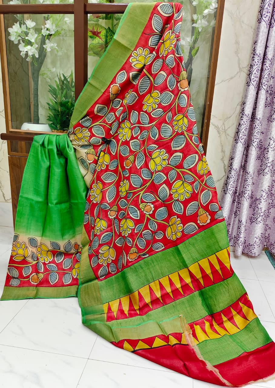 Hand-Painted Tussar Silk Kalamkari Saree in Red & Green with Floral Motifs