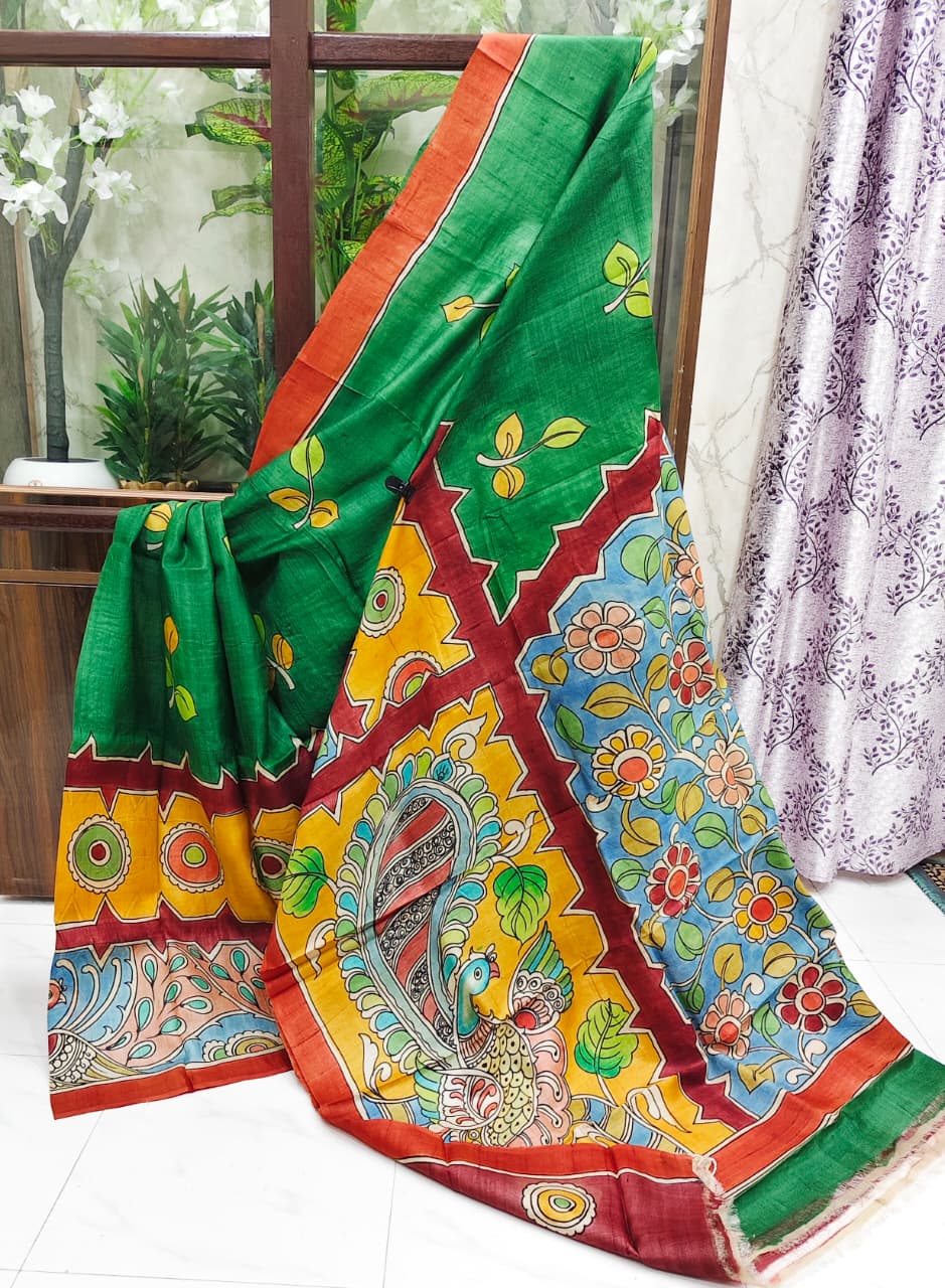 Exquisite Hand-Painted Gachi by Gachi Kalamkari Pure Tussar Silk Saree – Peacock & Floral Motif Elegance