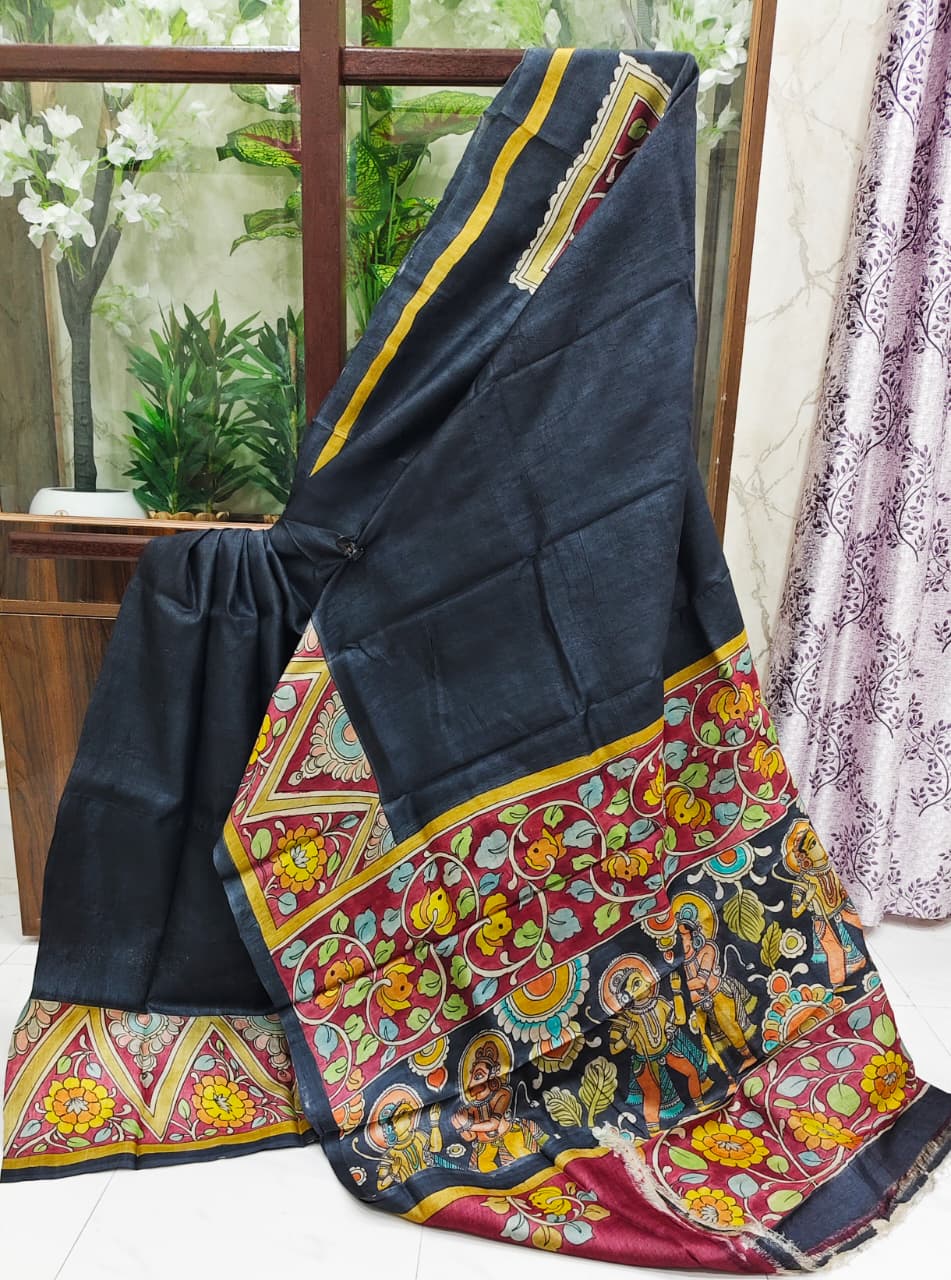 Hand-Painted Gachi by Gachi Kalamkari Pure Tussar Silk Saree – Divine Theme with Floral Border Art