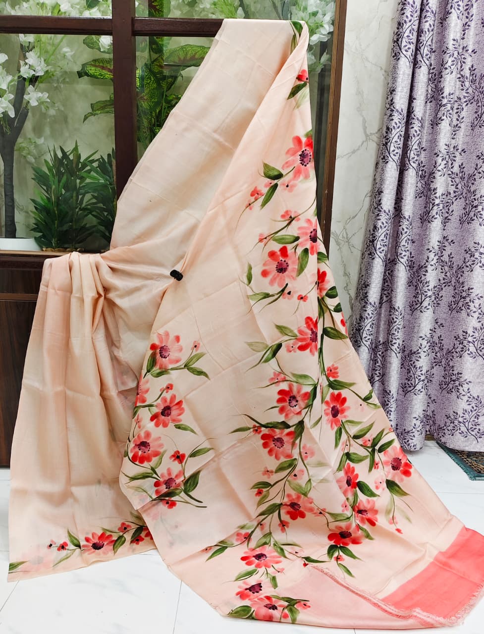 Graceful Hand-Painted Pure Silk Saree – Soft Peach Base with Red Floral Design