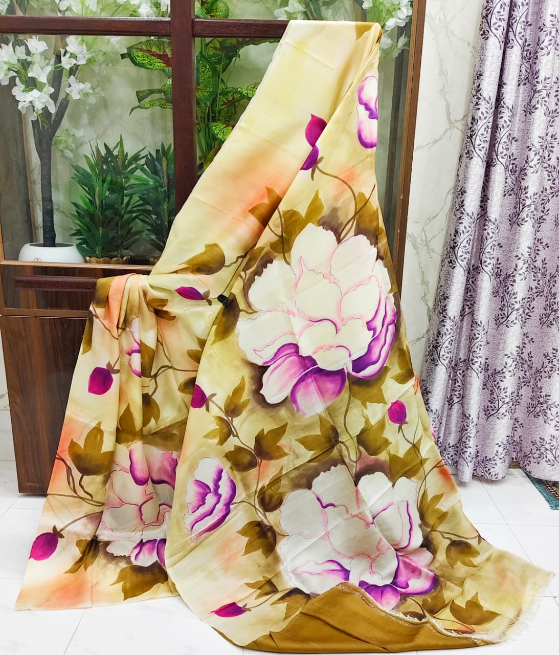Luxurious Hand-Painted Pure Silk Saree – Cream Base with Bold Purple & White Floral Art