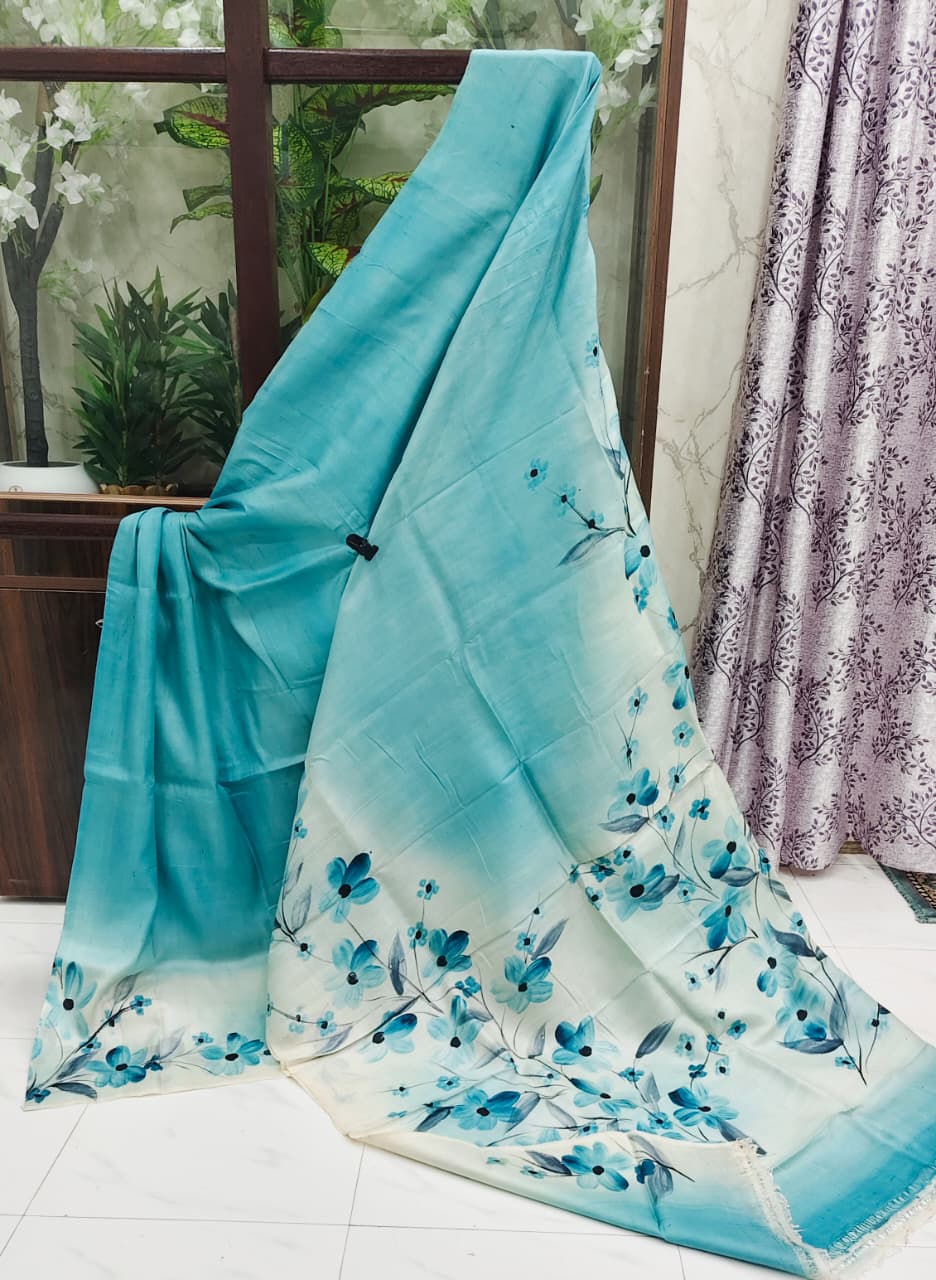 Elegant Hand-Painted Pure Silk Saree – Sky Blue Ombre Base with Blue Floral Design