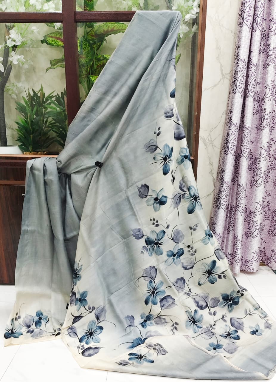 Elegant Hand-Painted Pure Silk Saree – Silver Grey Ombre Base with Blue Floral Artwork